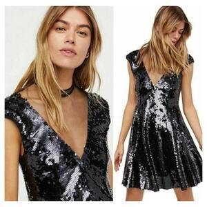 New Free People Dance Til Dawn Black Mini Sequin Skater Party Club Dress Small